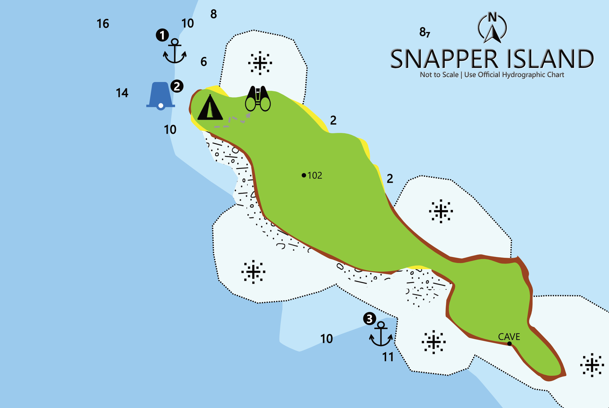 Chart of Snapper Island anchorage, Cooktown Coast from 'The Coconut Coast: Anchorages of the Townsville, Cairns, Cooktown and Peninsula Coasts'